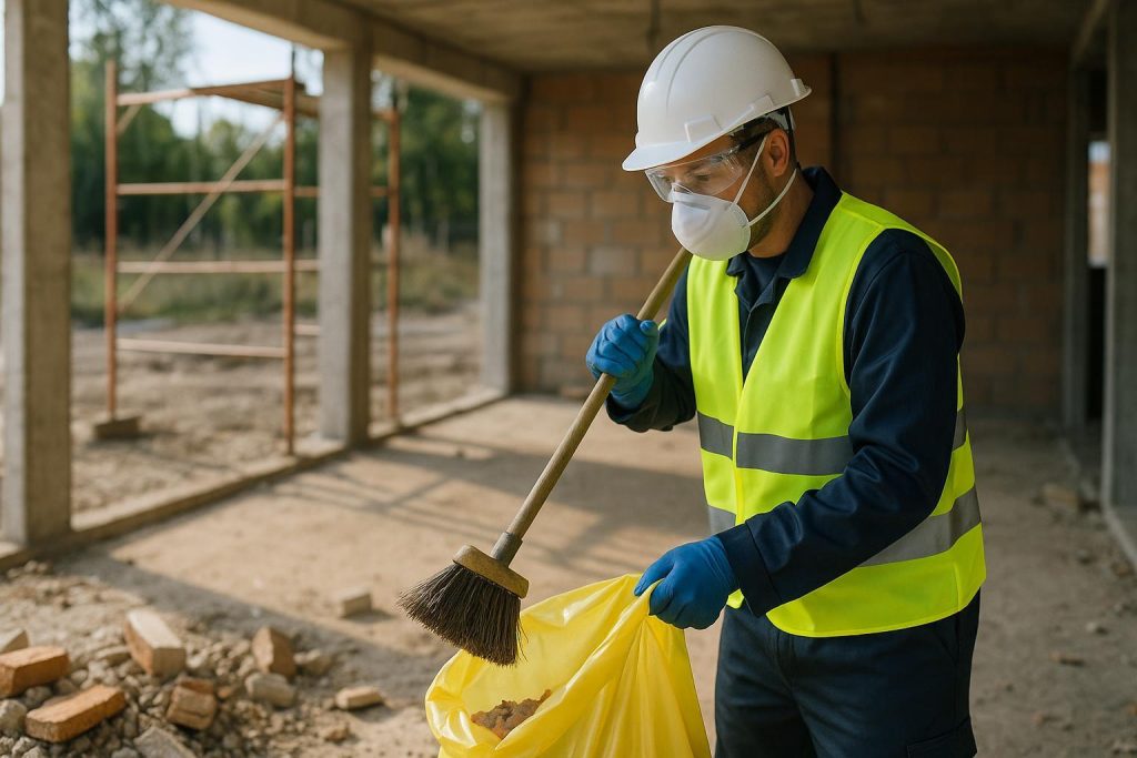 Professional construction cleaner wearing safety gear tidying a job site
