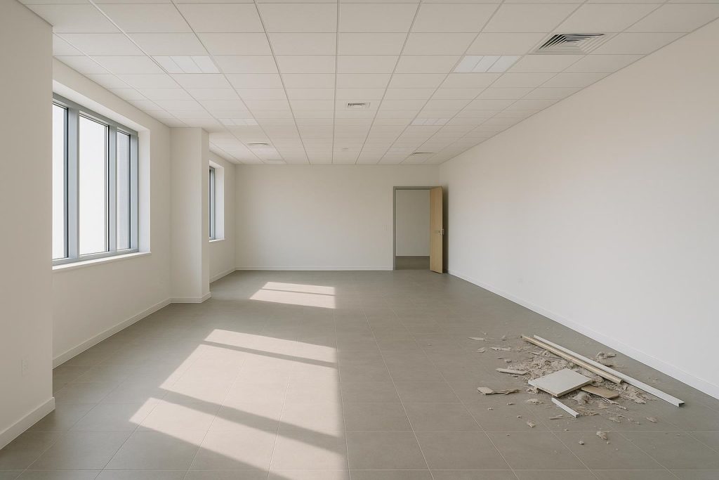 Newly constructed commercial space ready for post construction cleaning.