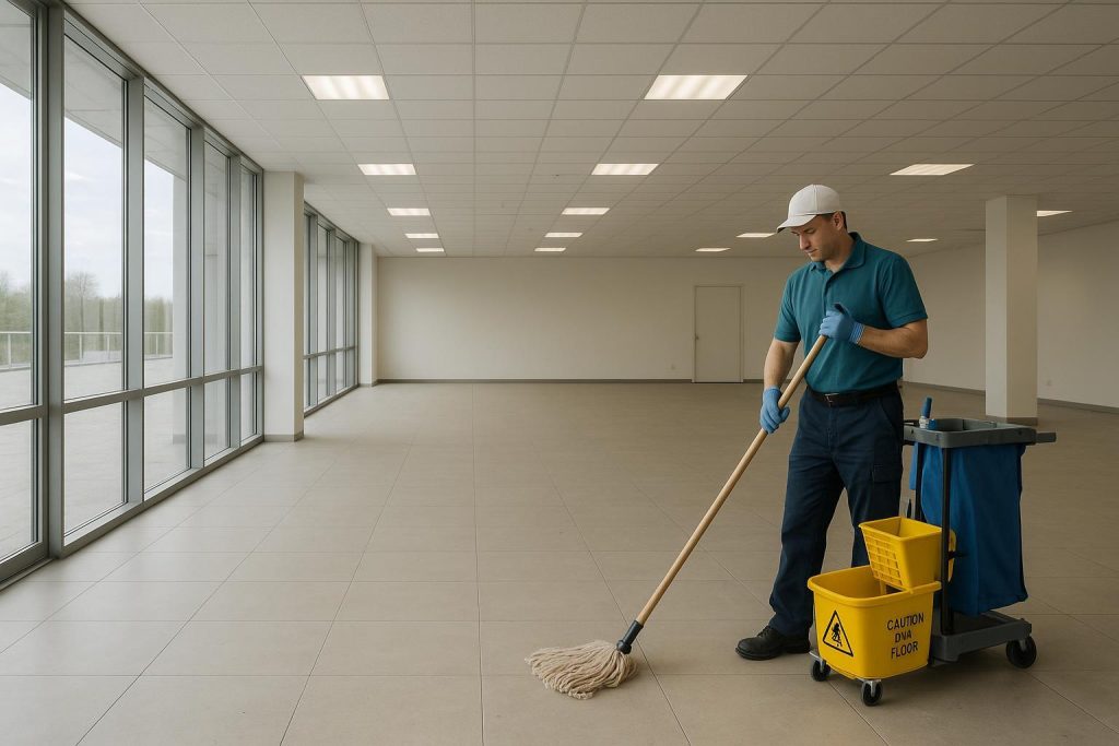 Cleaner performing post construction cleaning in a new commercial interior.