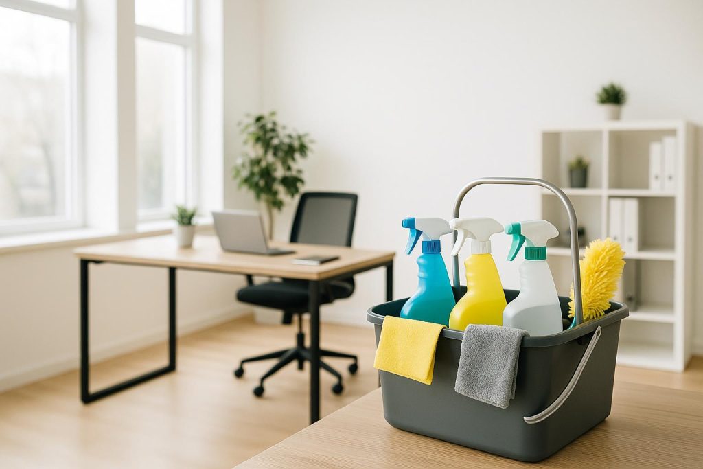 Commercial cleaning supplies in a bright office environment, highlighting a thorough professional cleaning approach.