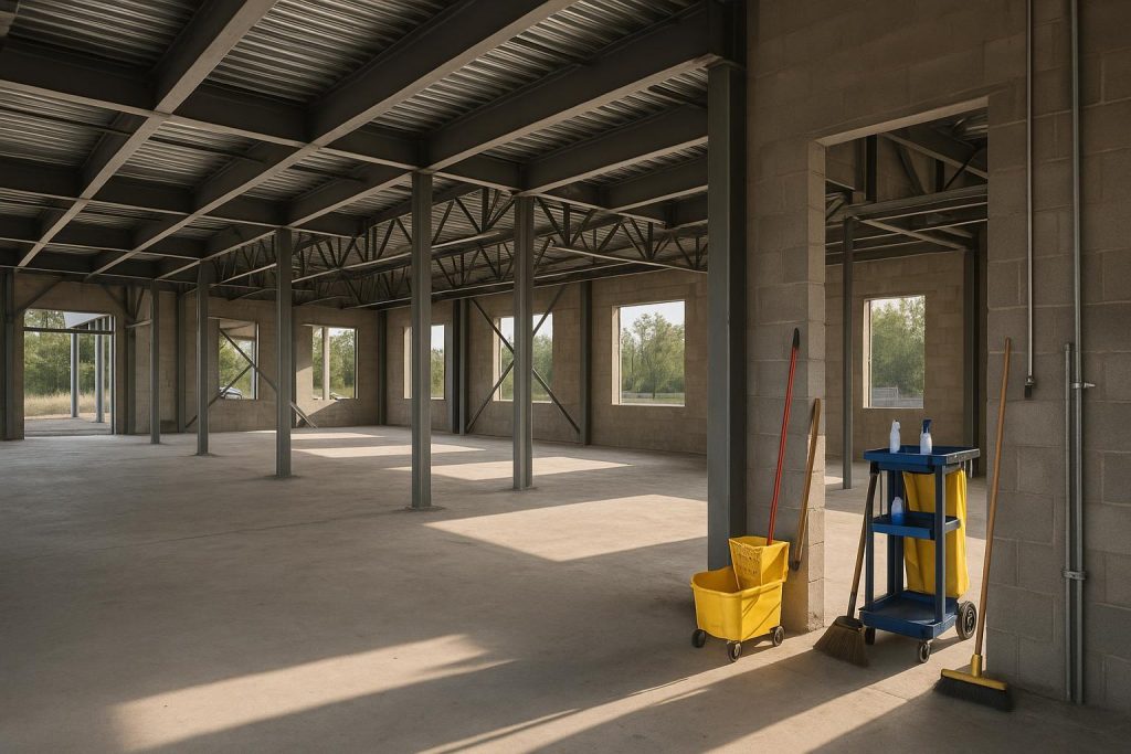 Construction site cleanup set up beside a partially built facility with equipment neatly placed.