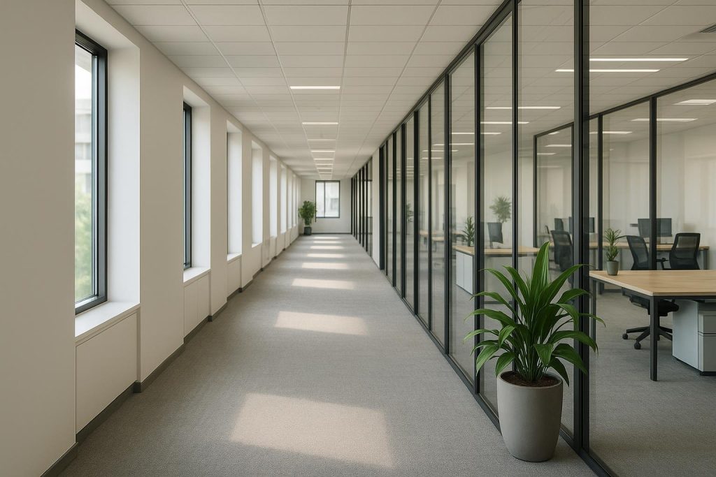 Modern office hallway depicting professional cleaning service areas.