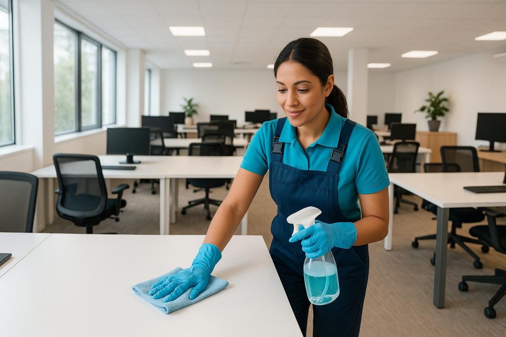 Professional cleaning taking place in a commercial office setting, highlighting maintenance.