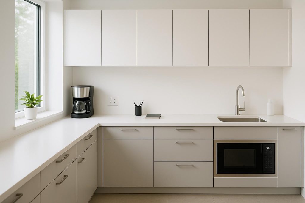 Clean office kitchenette counters and sink representing office cleaning tasks.