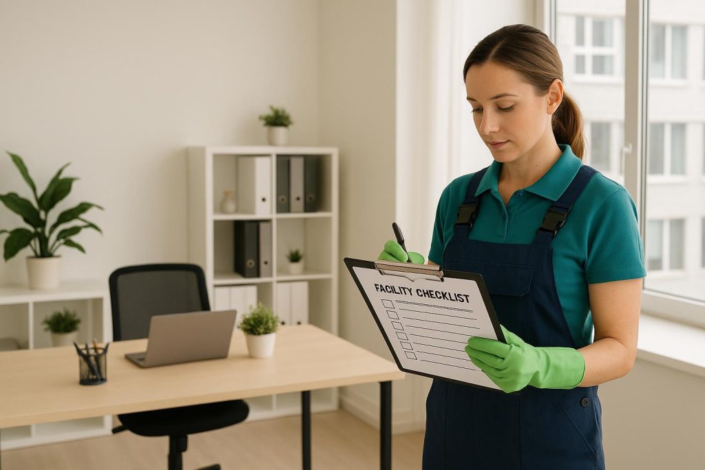 A uniformed employee checks a facility-specific cleaning checklist in a modern office, demonstrating professional cleaning tasks.