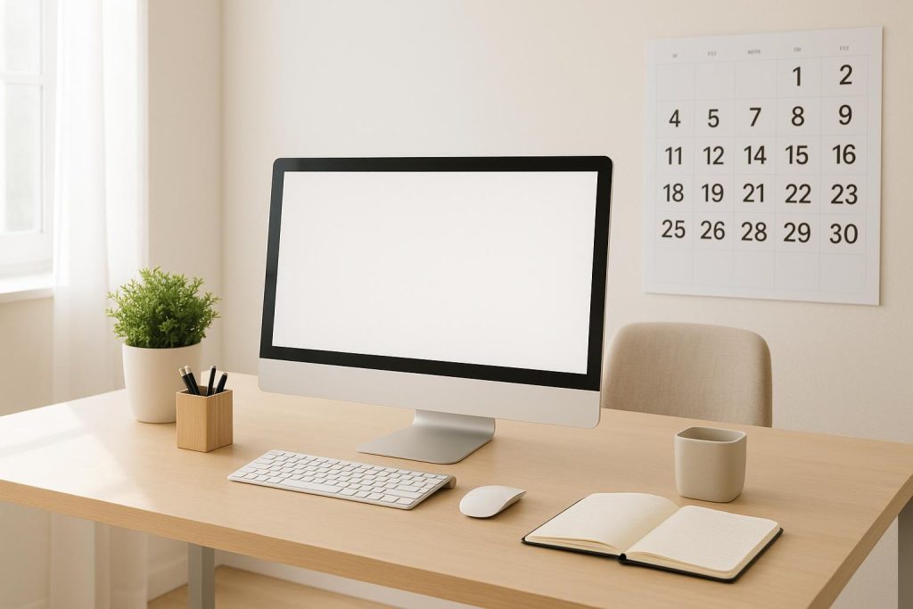 Modern desk setup with a wall calendar, reflecting an organized office cleaning plan