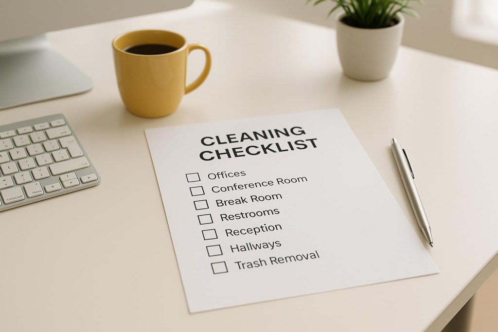 Desk setup with a professional cleaning checklist and pen, symbolizing organized cleaning.