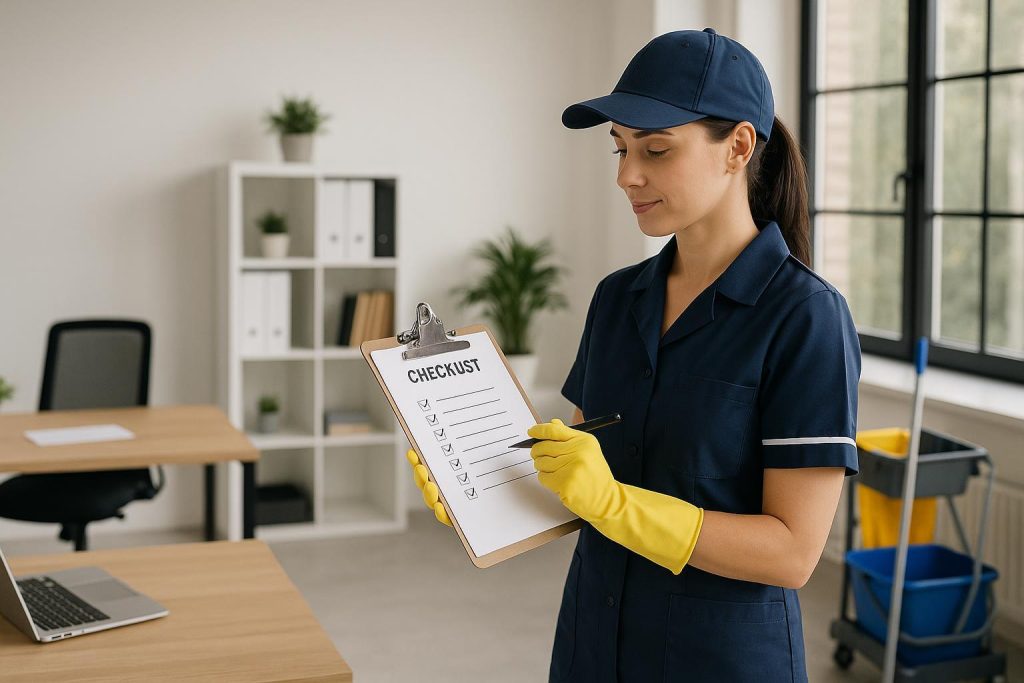Commercial cleaning professional reviewing a typed checklist in a sunlit office.