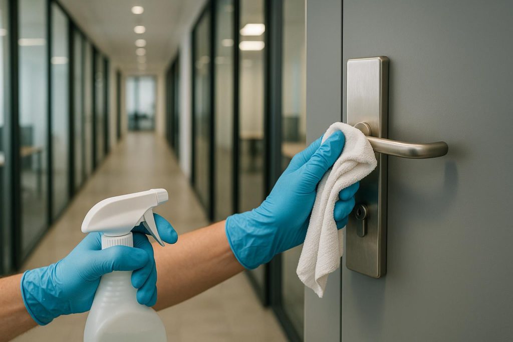 Cleaner wearing gloves sanitizing a high-touch door handle in an office cleaning setting