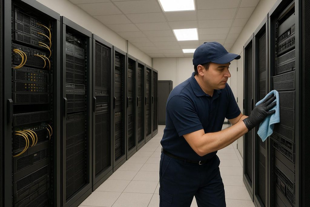 Professional cleaning staff carefully wiping a server rack in a well-lit server room.