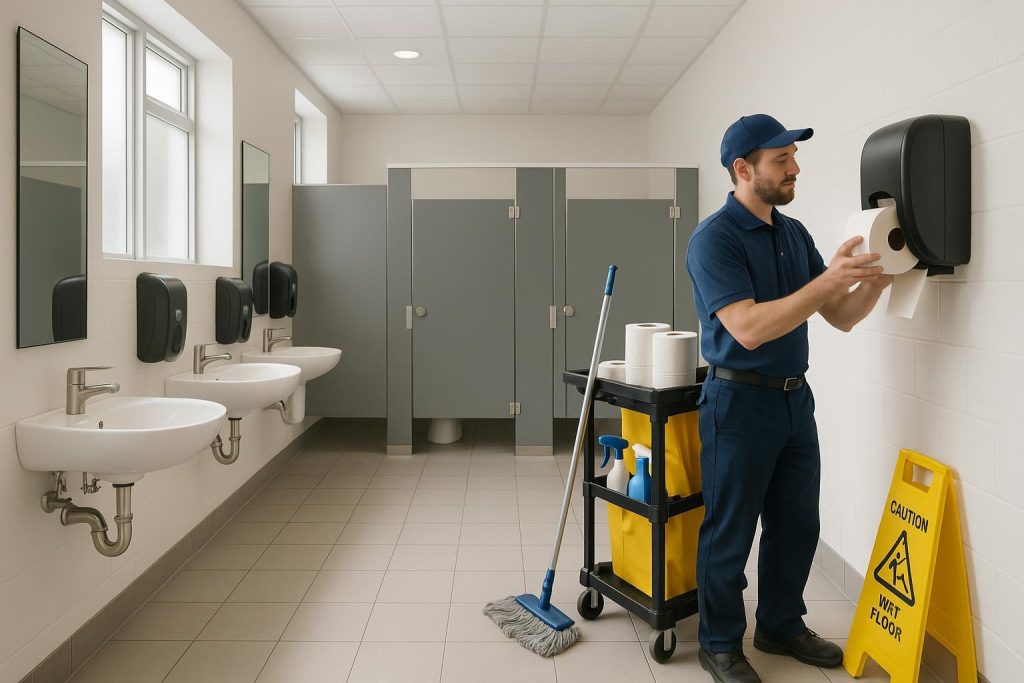 Janitorial staff restocking supplies in a commercial restroom, illustrating professional cleaning.