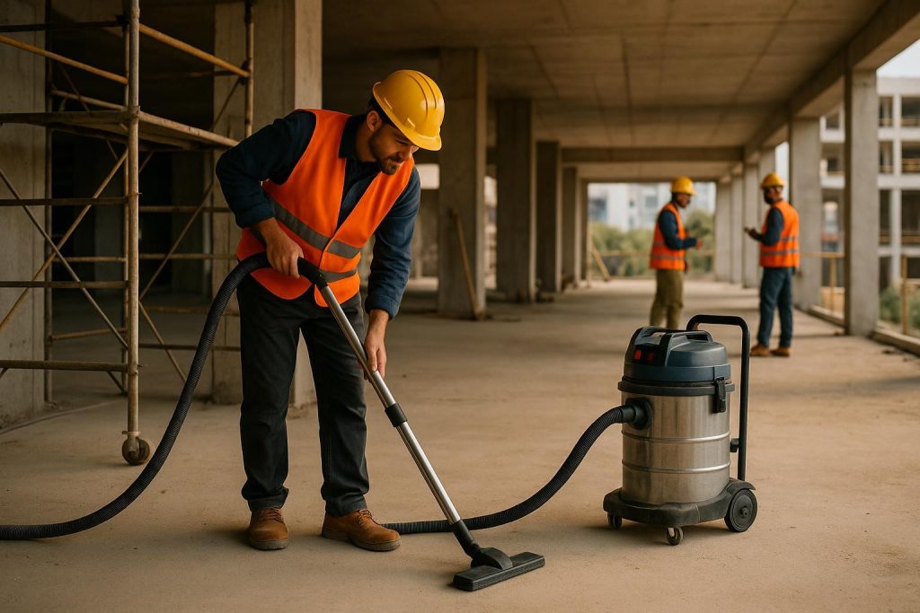 Worker performing construction cleaning on an active site with scaffolding in background.