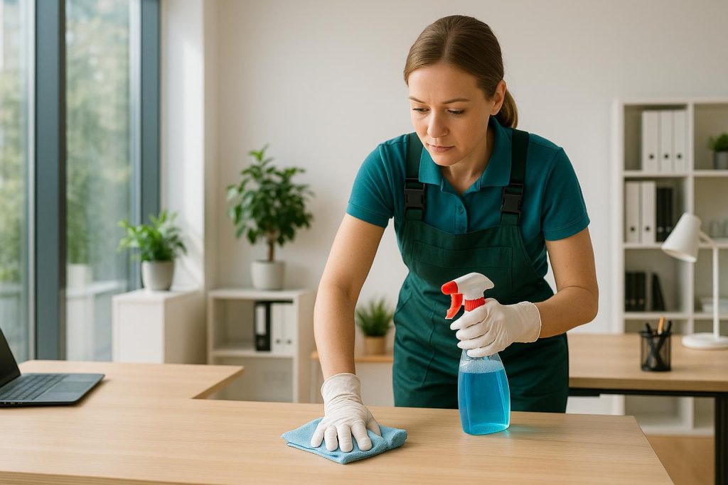 Office cleaning in a modern workspace with surfaces being wiped and well maintained.