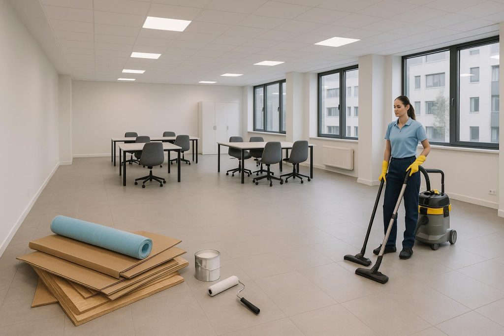 Bright commercial space with leftover materials, illustrating post-renovation cleaning.