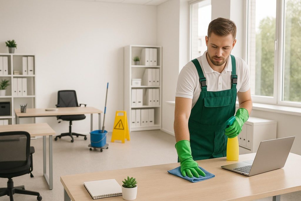 Professional commercial cleaning staff maintaining a bright office environment.