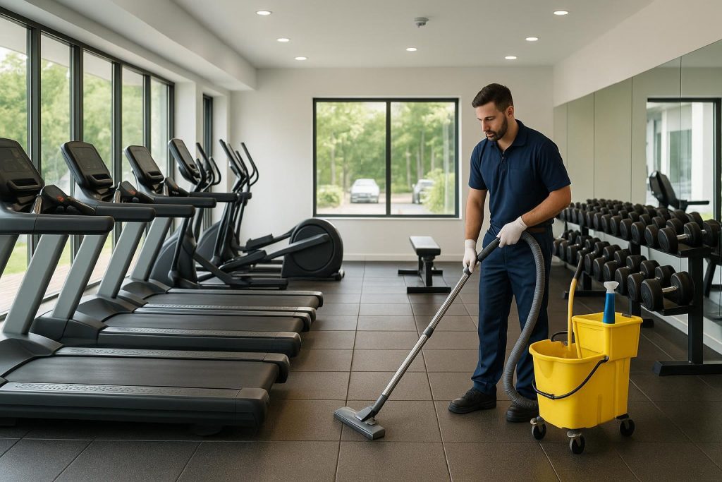 Professional staff performing gym cleaning in a bright, modern facility for consistent hygiene.