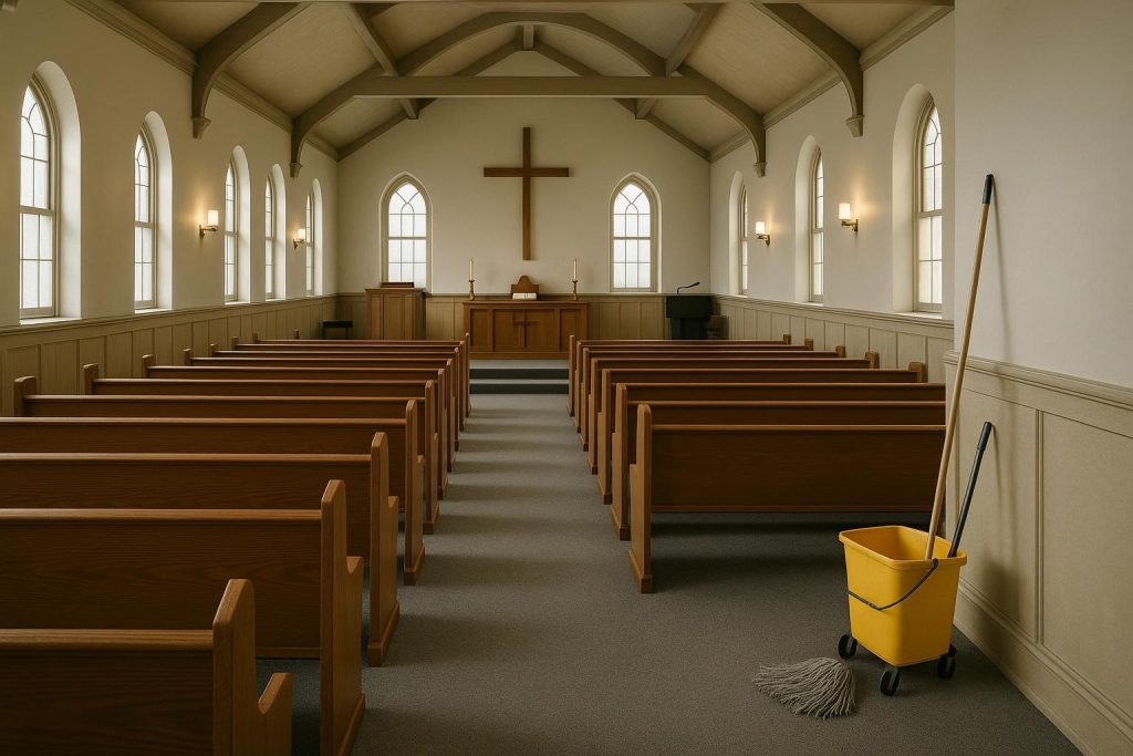 Neat church interior with subtle cleaning tools, illustrating church cleaning checklist.