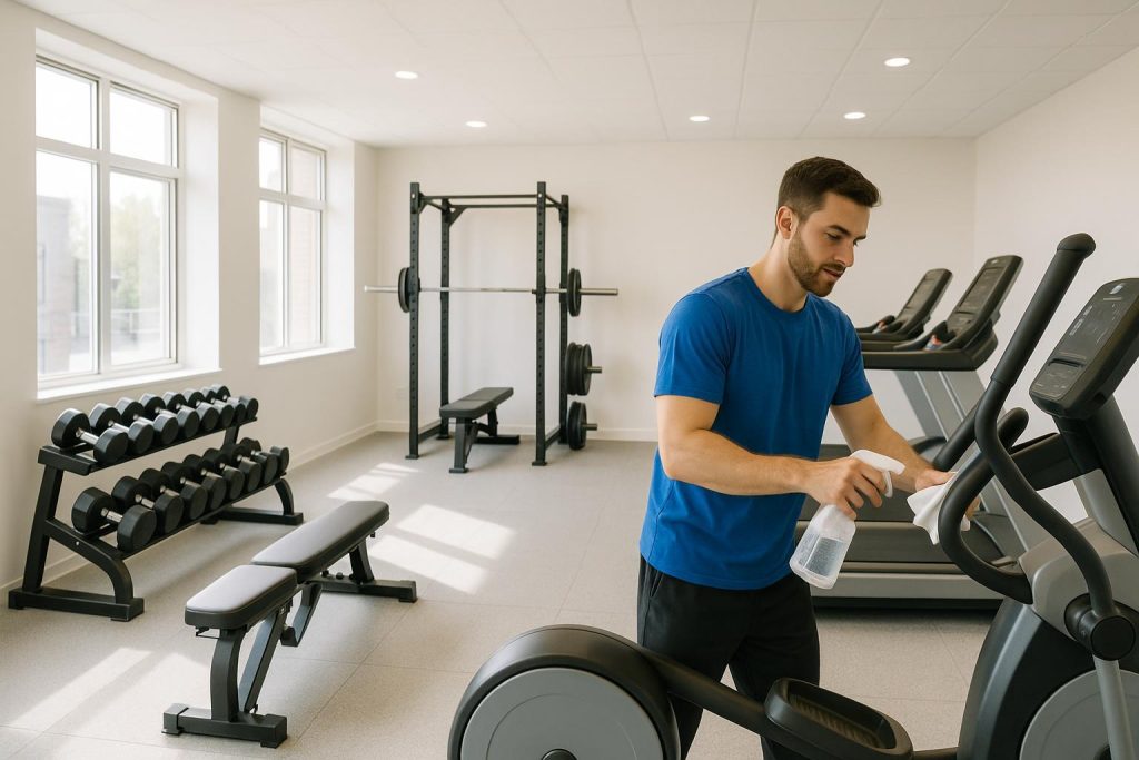 Staff member performing gym cleaning by wiping equipment in a well-lit, organized facility.