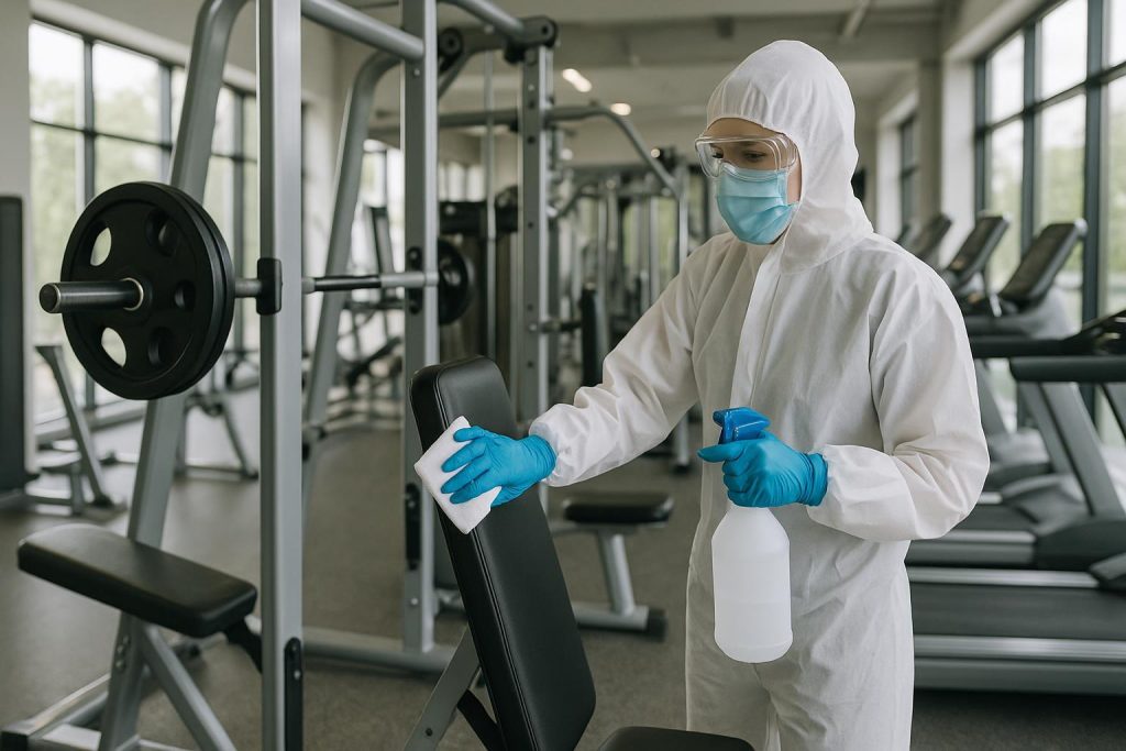 Cleaner wiping down gym equipment as part of a thorough gym cleaning.
