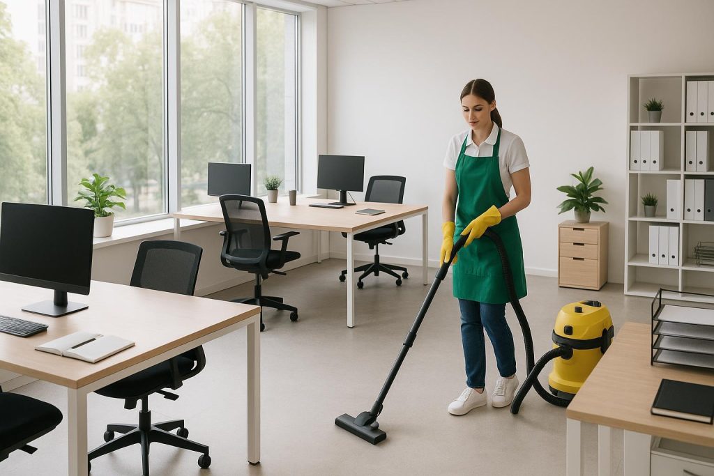 Professional cleaning staff enhancing workplace cleanliness in a modern, well-lit office.