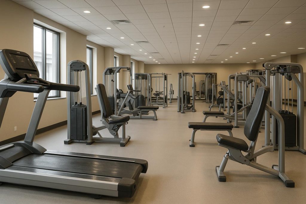 Spotlessly clean commercial gym with sanitized equipment for gym hygiene.
