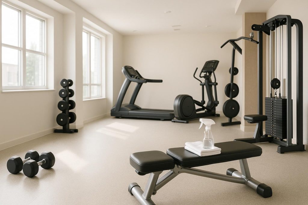 Clean commercial gym equipment illustrating thorough gym cleaning measures.