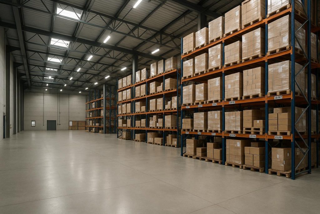 Bright, organized warehouse interior with clean floors representing warehouse cleaning.