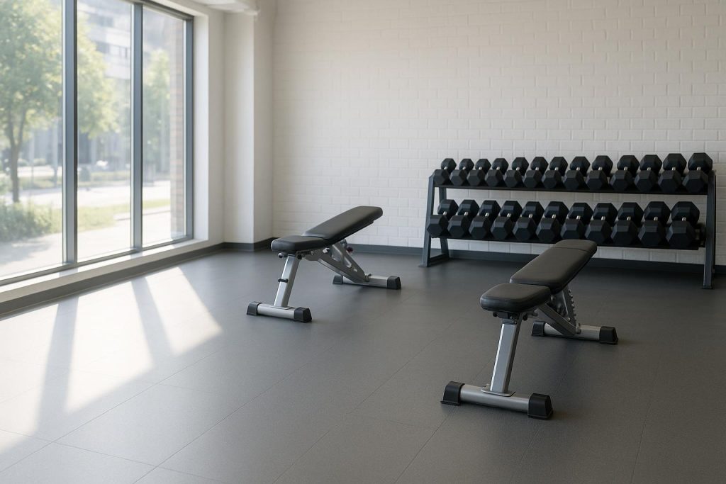 Close-up of sanitized gym equipment in a well-lit space, focusing on gym cleaning.
