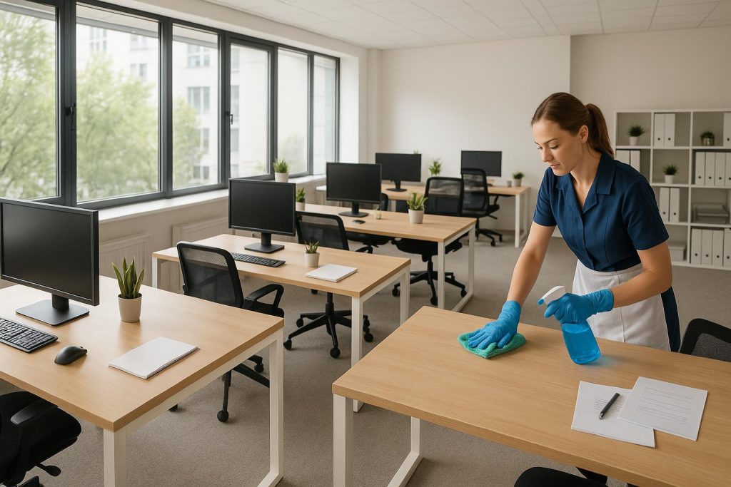 Modern office with a professional cleaner tidying desks, emphasizing consistent office cleaning.