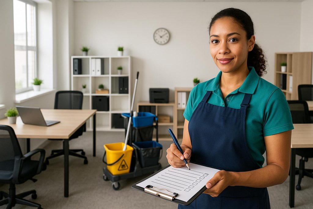 Office staff reviewing a commercial cleaning checklist for professional cleaning, with pen and clipboard.