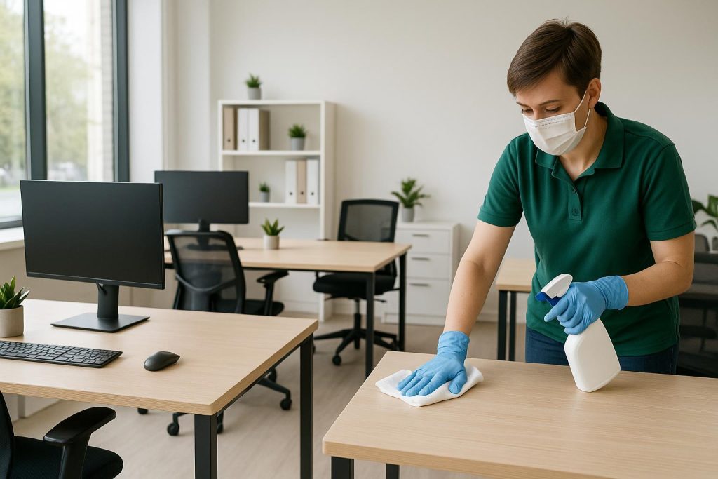 Office cleaning staff wiping a desk, showcasing the importance of workplace cleanliness.